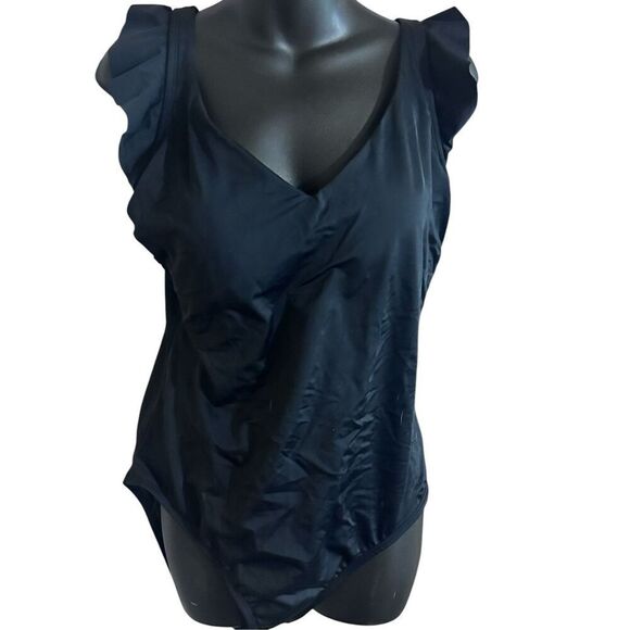 NEW WITH TAGS Time and Tru Womens Swimsuit Black Ruffle Strap One PIECE Bathing - Picture 1 of 5